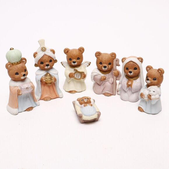 Homco 7pc Christmas Nativity Ceramic Teddy Bear Figurines Set #5412 - Picture 1 of 12